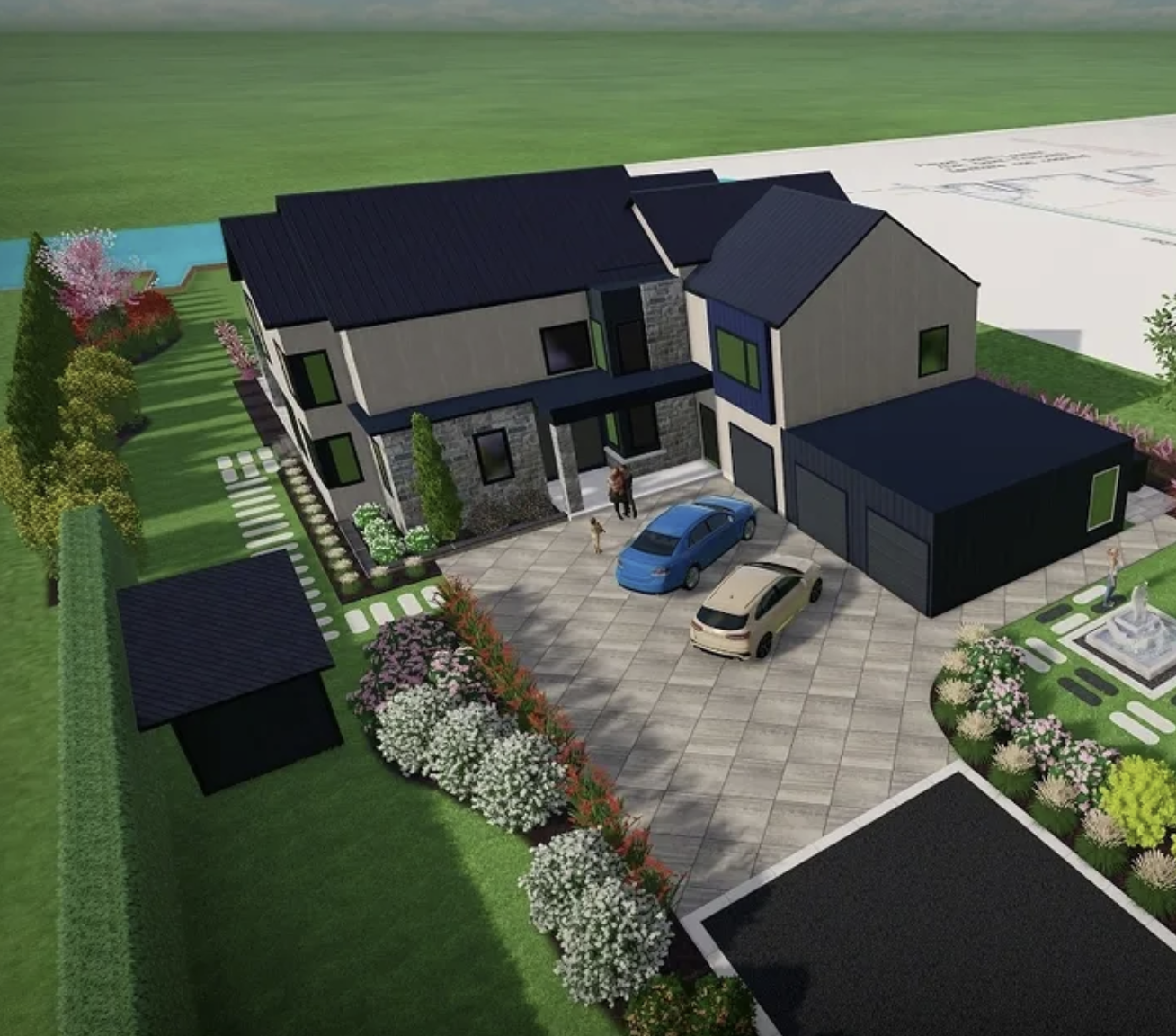 plan 3D du devant d'une maison avec du pavet